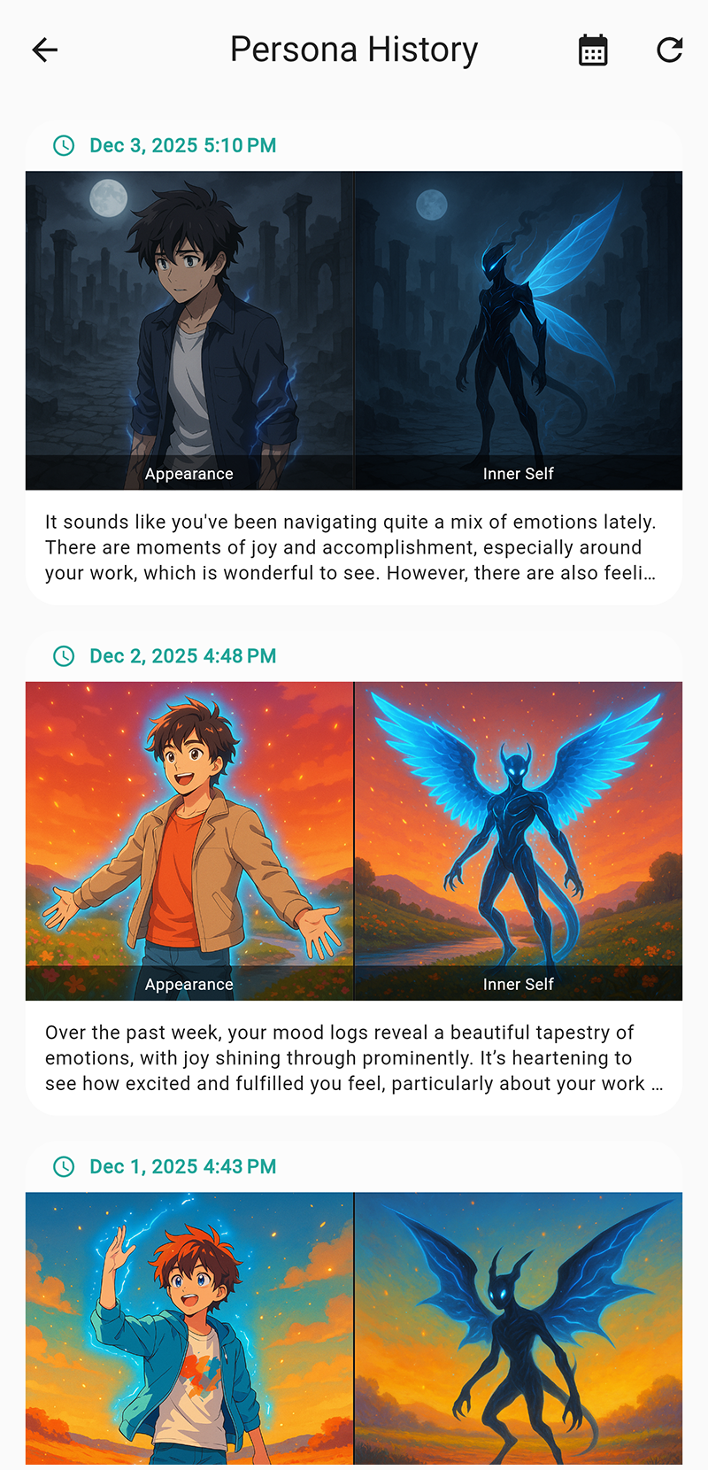 Moodi app persona history - Track your inner and outer self personas over time
