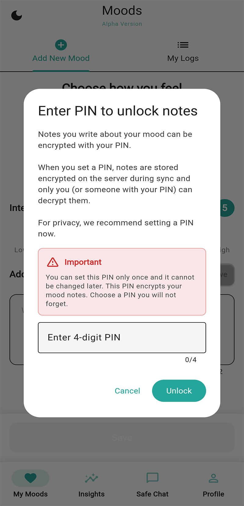 Moodi app PIN code security - Protect your mood data with encrypted PIN code access